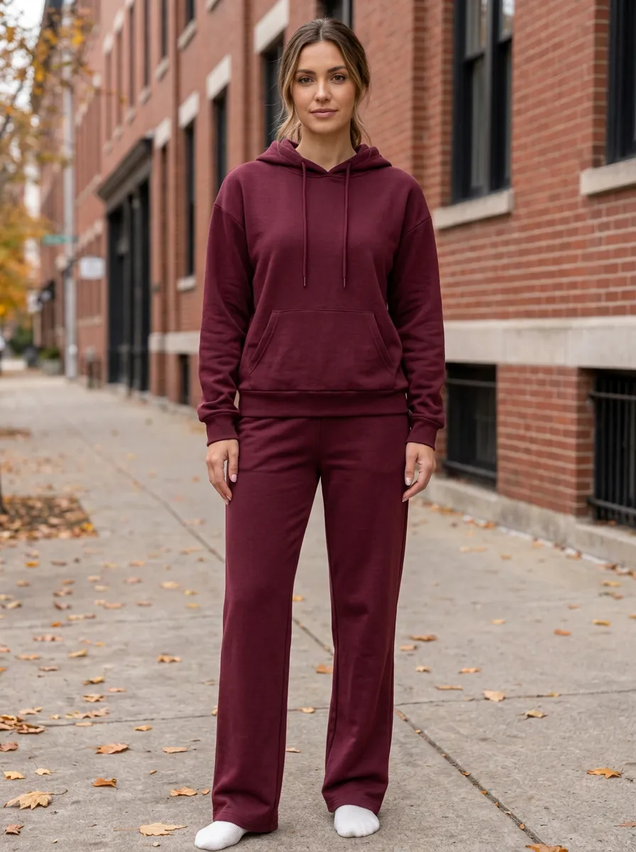 Women's Casual Burgundy Solid Color Long Sleeve Hoodie Straight Leg Pants Set