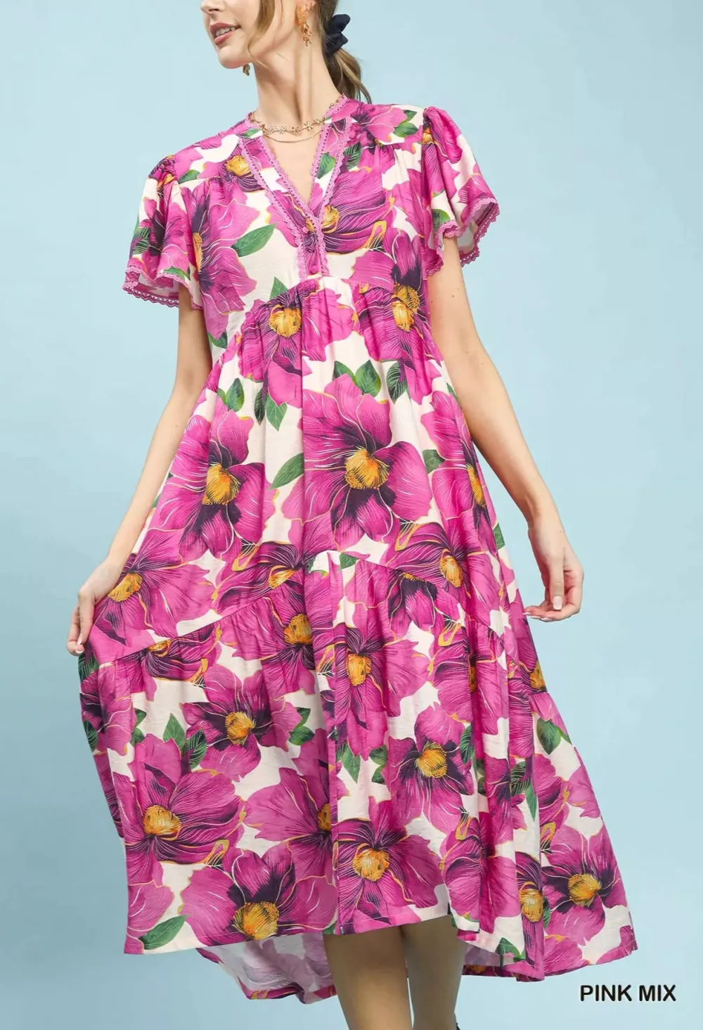 Tropical Print V-Neck Flutter Sleeve Tiered Midi Dress