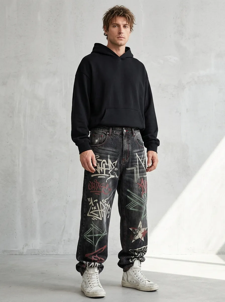 Unisex Urban Streetwear Graffiti Star Baggy Jeans