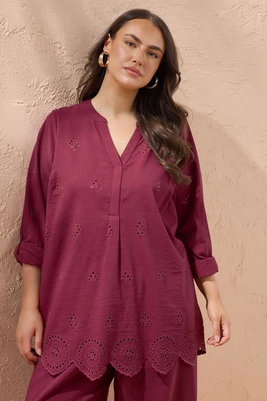 Burgundy Red Linen Broderie Blouse detail 1