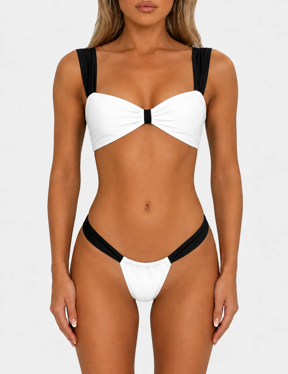 Elegant Color Block Front Bow Detail Bikini Set