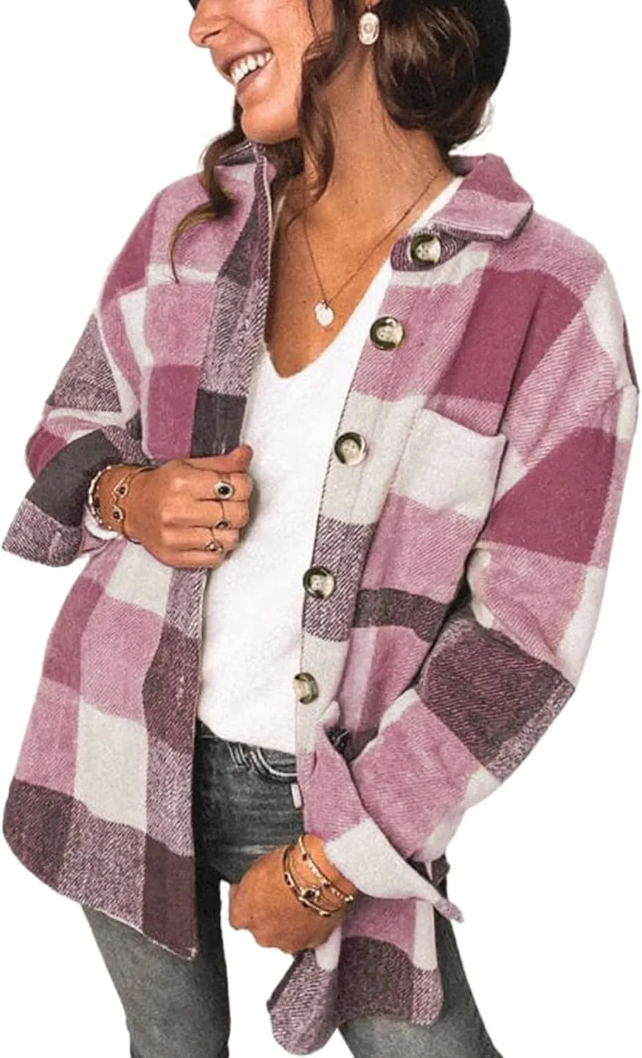 Women's 2023 Fall Clothes Plaid Shacket Jacket Long Sleeve Button Down Flannel Shirts Fashion Blouse