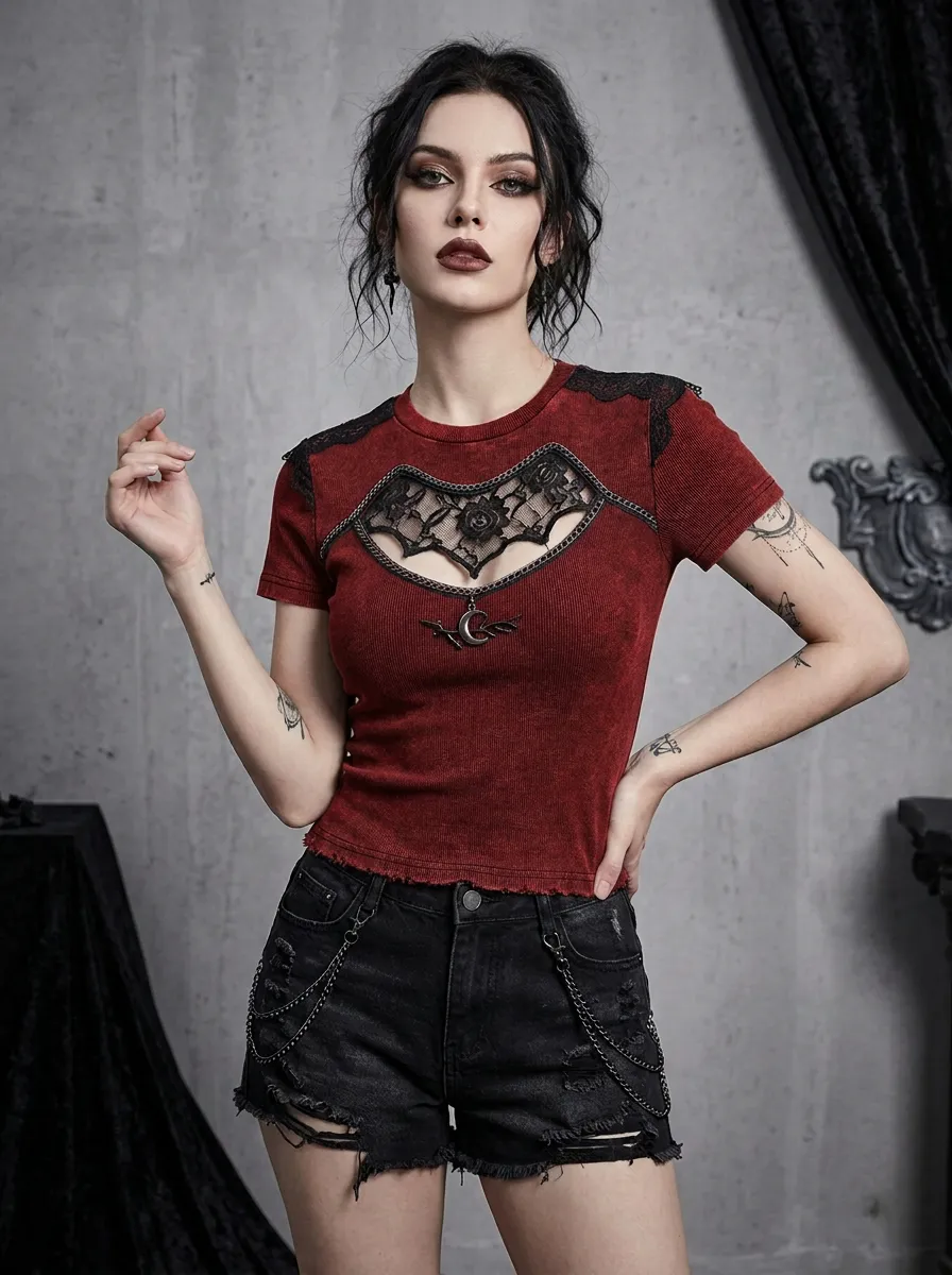 Victorian-Inspired Moon Lace Cutout Punk Look Women's Gothic T-Shirt