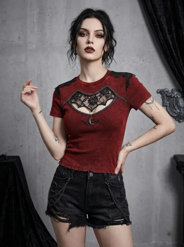 Victorian-Inspired Moon Lace Cutout Punk Look Women's Gothic T-Shirt