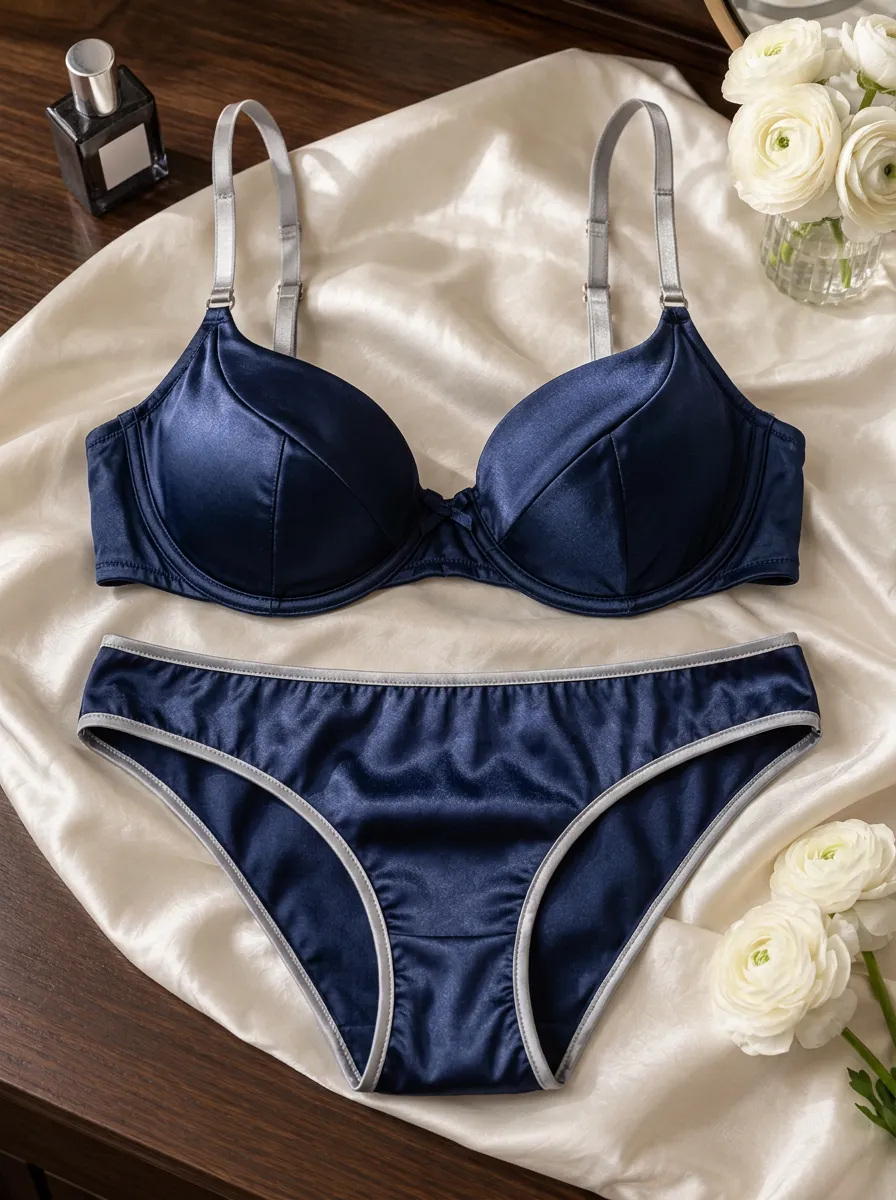 Women's Satin Contrast Trim Satin Adjustable Strap Lingerie Set