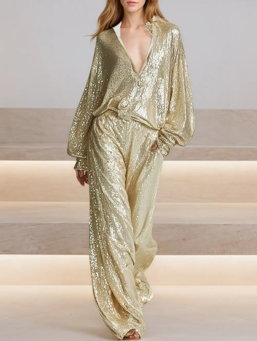 Sequin Collar Half Zip Jacket Pants Set