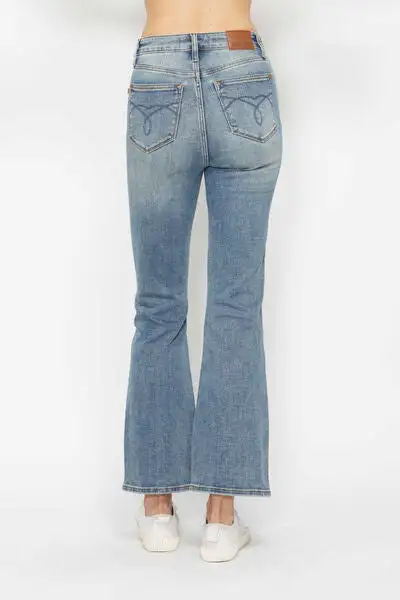 Tummy Control Back Embroidered Pocket Bootcut Denim Jeans