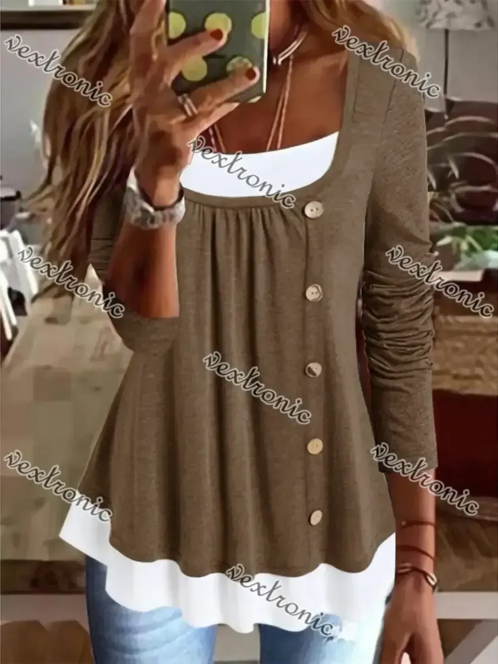 Women's Long Sleeve U-Neck Buttons Top