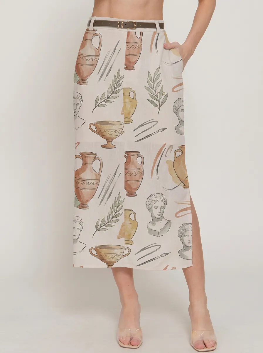 Women's Greek Mythology Art Vase Statue Printed Midi Skirt