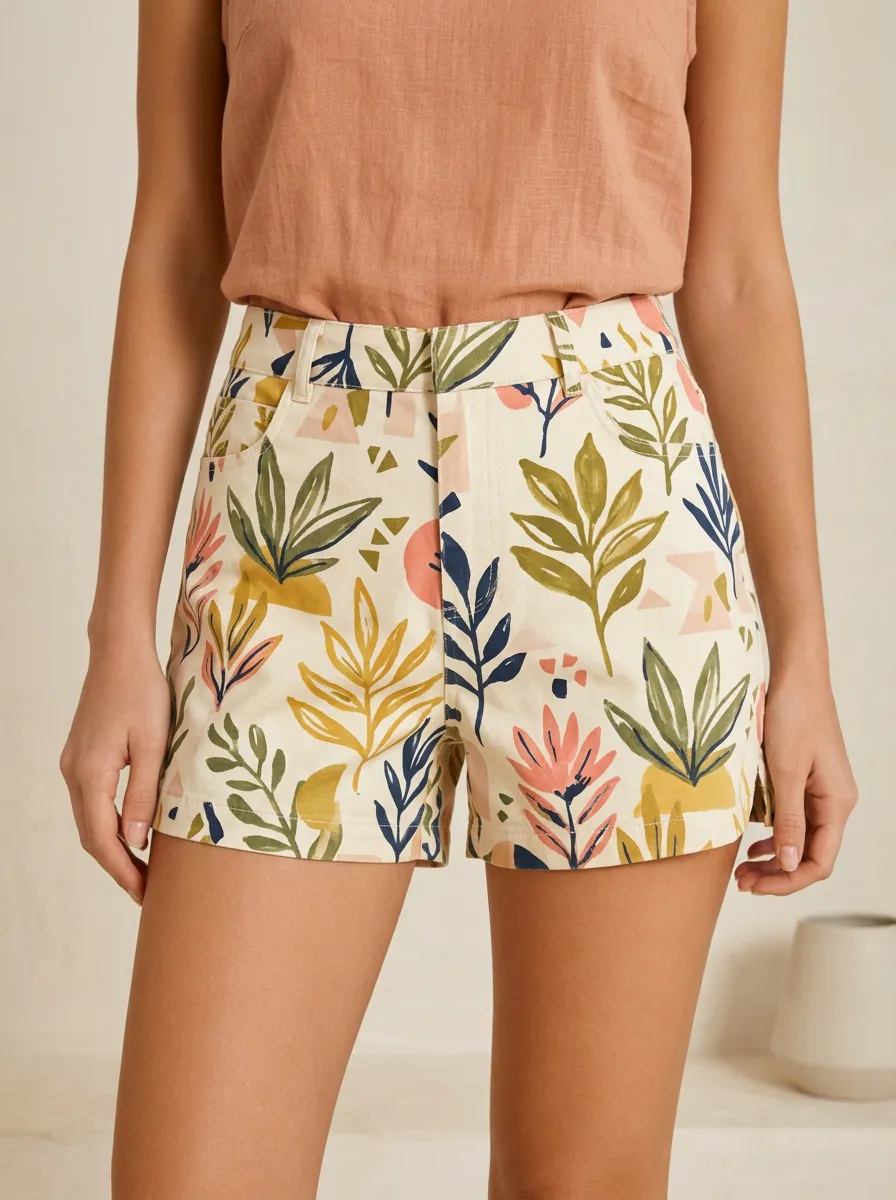 Women's Botanical Abstract Leaf Slant Pocket Printed Shorts