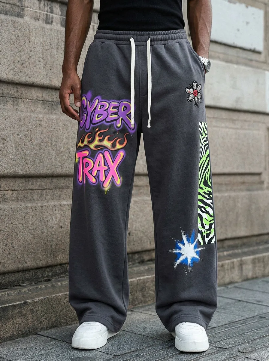 Men's Streetwear Cyber Trax Flame Flower Zebra Printed Sweatpants