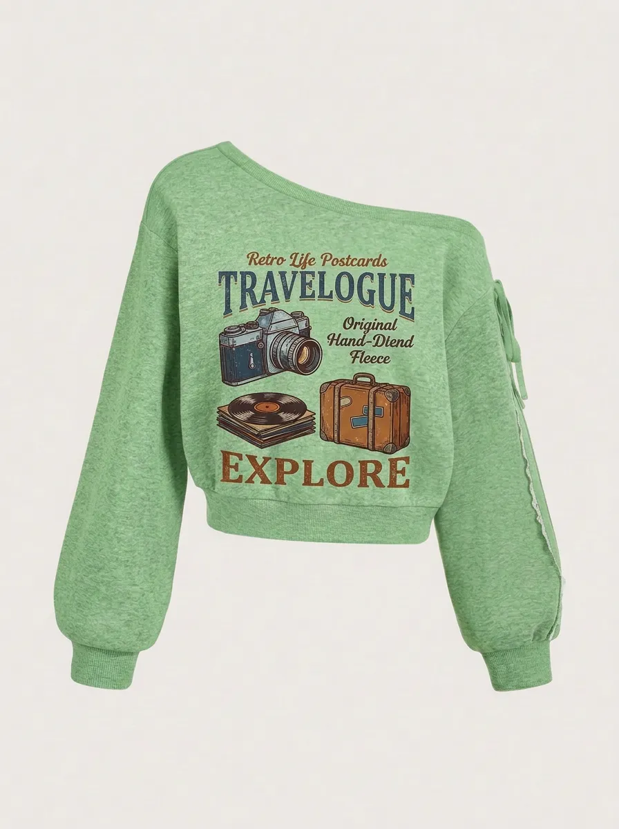 Women's Travel-Inspired Retro Camera Suitcase Printed Off-Shoulder Sweatshirt