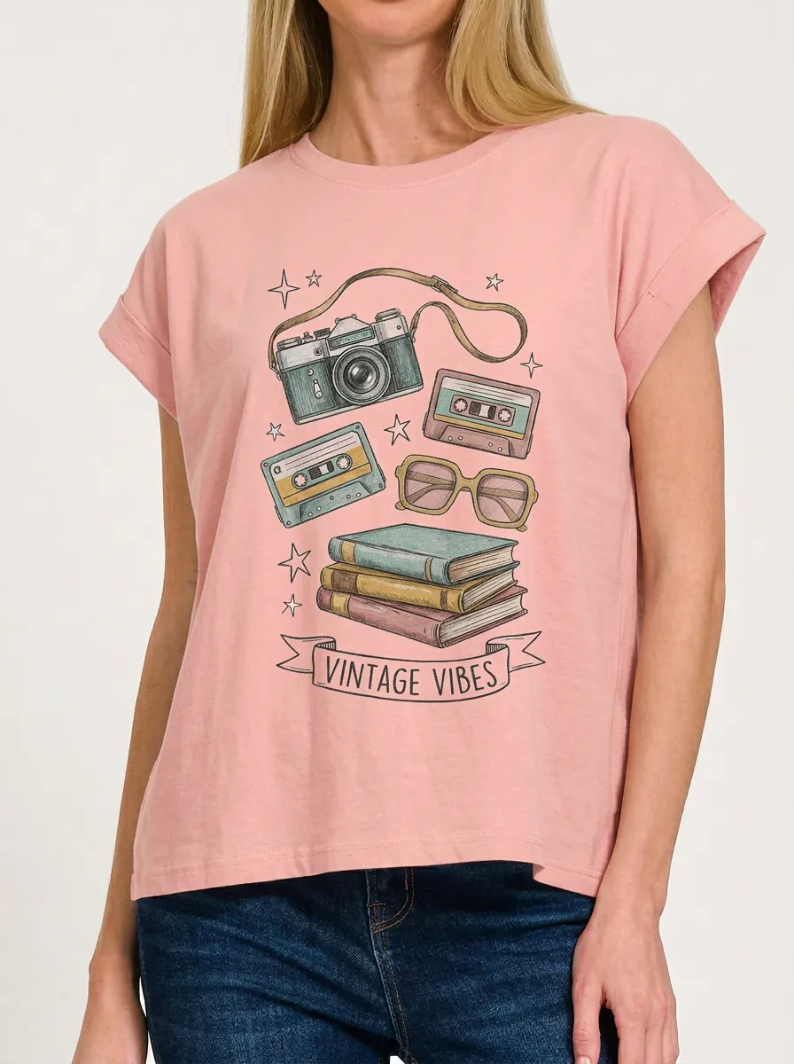 Women's Retro Nostalgia Camera Cassette Books Graphic T-Shirt