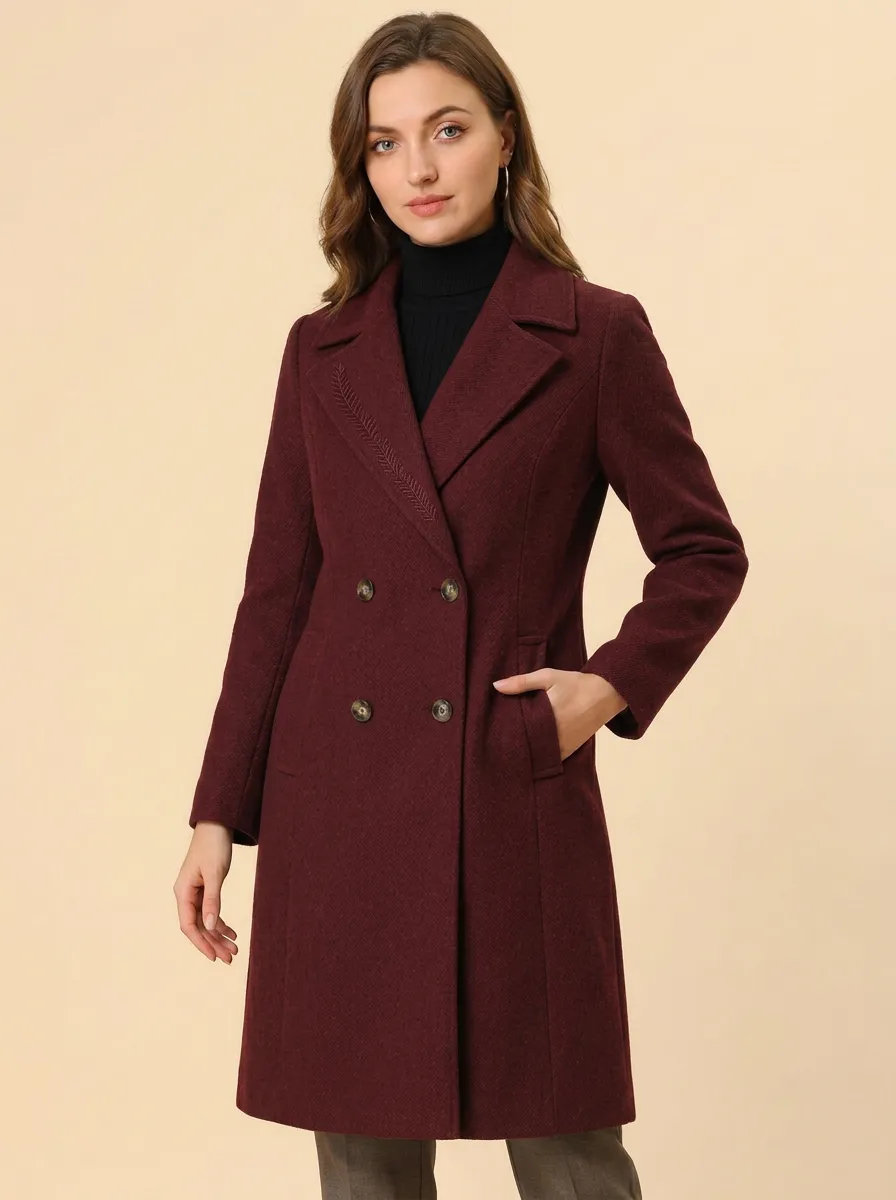 Women's Minimalist Leaf Embroidered Double-Breasted Wool Coat