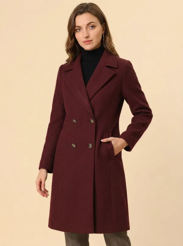 Women's Minimalist Leaf Embroidered Double-Breasted Wool Coat