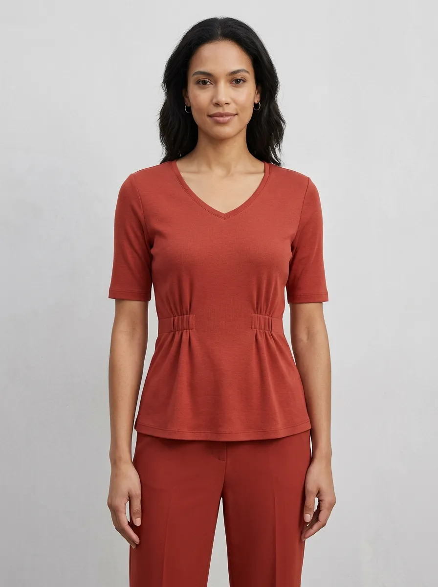 Fitted Peplum V-Neck Waist-Ruched Peplum Top