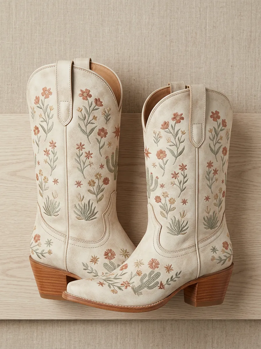 Frontier Cactus Floral Embroidered Western Edit Unisex Western Cowboy Boots