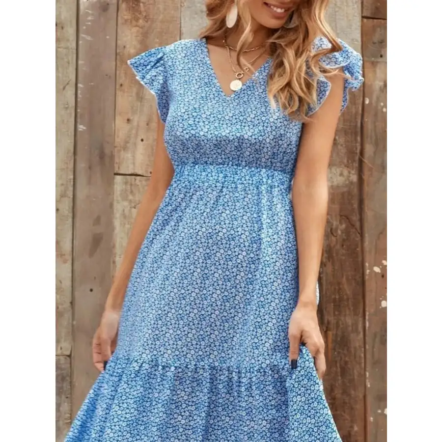Printed V Neck Ruffled Cap Sleeve Maxi Dress
