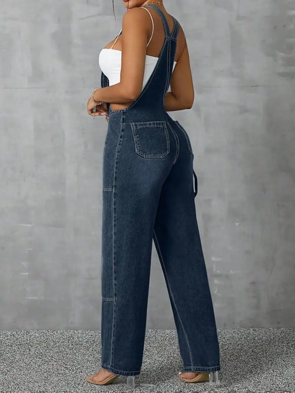 Zip Front Wide Strap Denim Overall Accessory