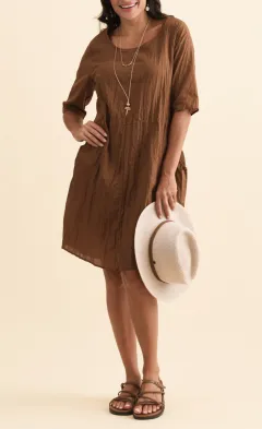 Knee-Length Cotton Pocket Round-Neck Half-Sleeve A-Line Relaxed Dress