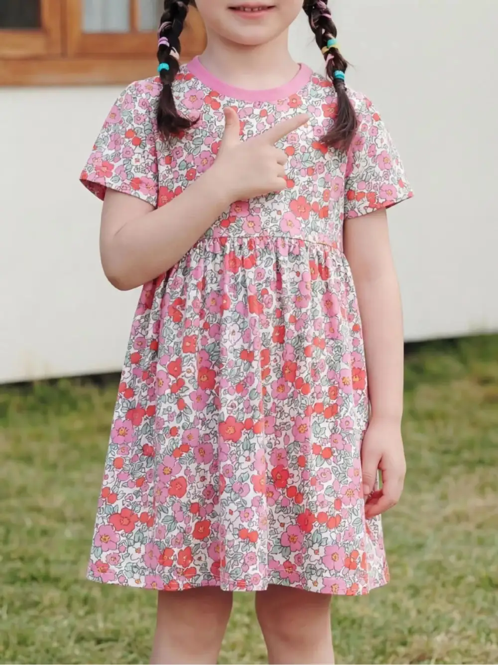 Girls Floral Print Short Sleeve A-Line Dress