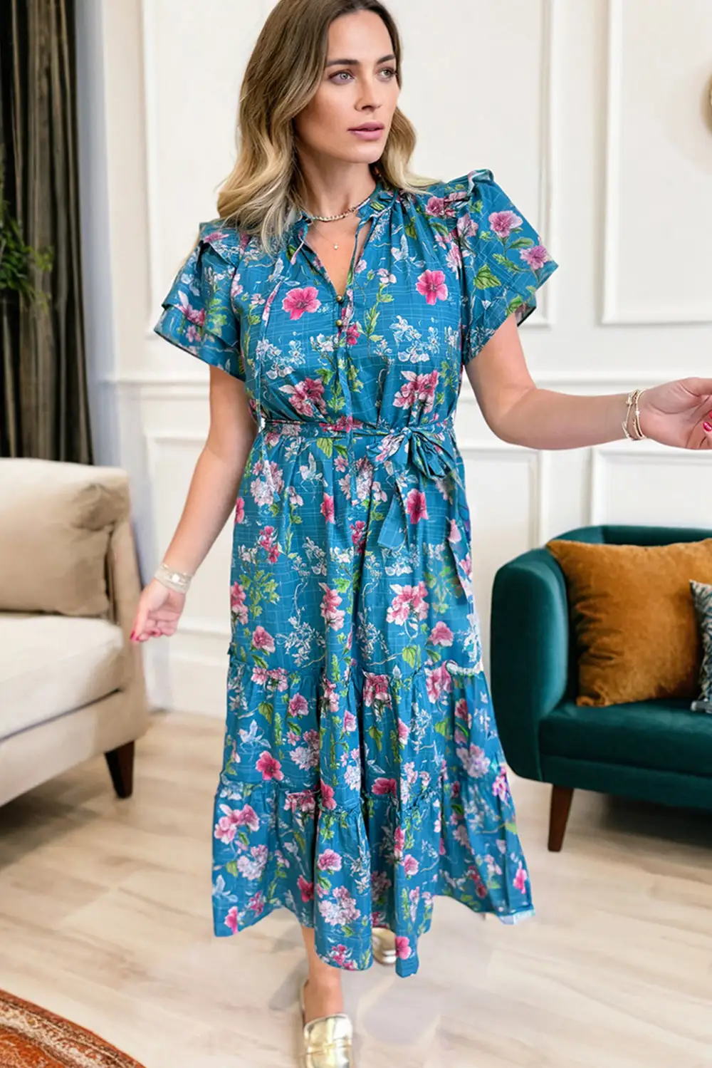 Floral Split Neck Tie Waist Dress Casual