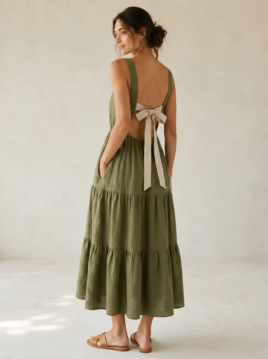 Women's Tiered Bow-Back Linen Backless Dress