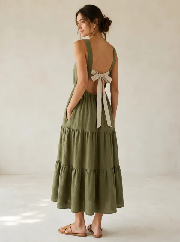 Women's Tiered Bow-Back Linen Backless Dress