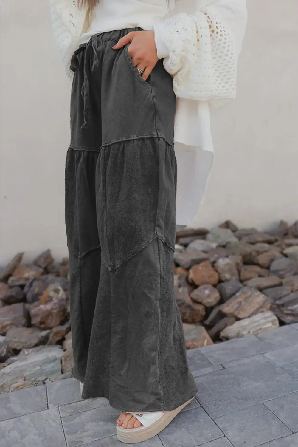Wash Tiered Wide Leg Patchwork Drawstring Trousers