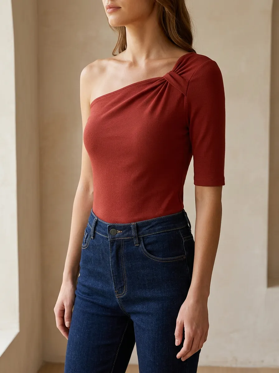 Women's Casual Rust Red One-Shoulder Pleated Ribbed Top
