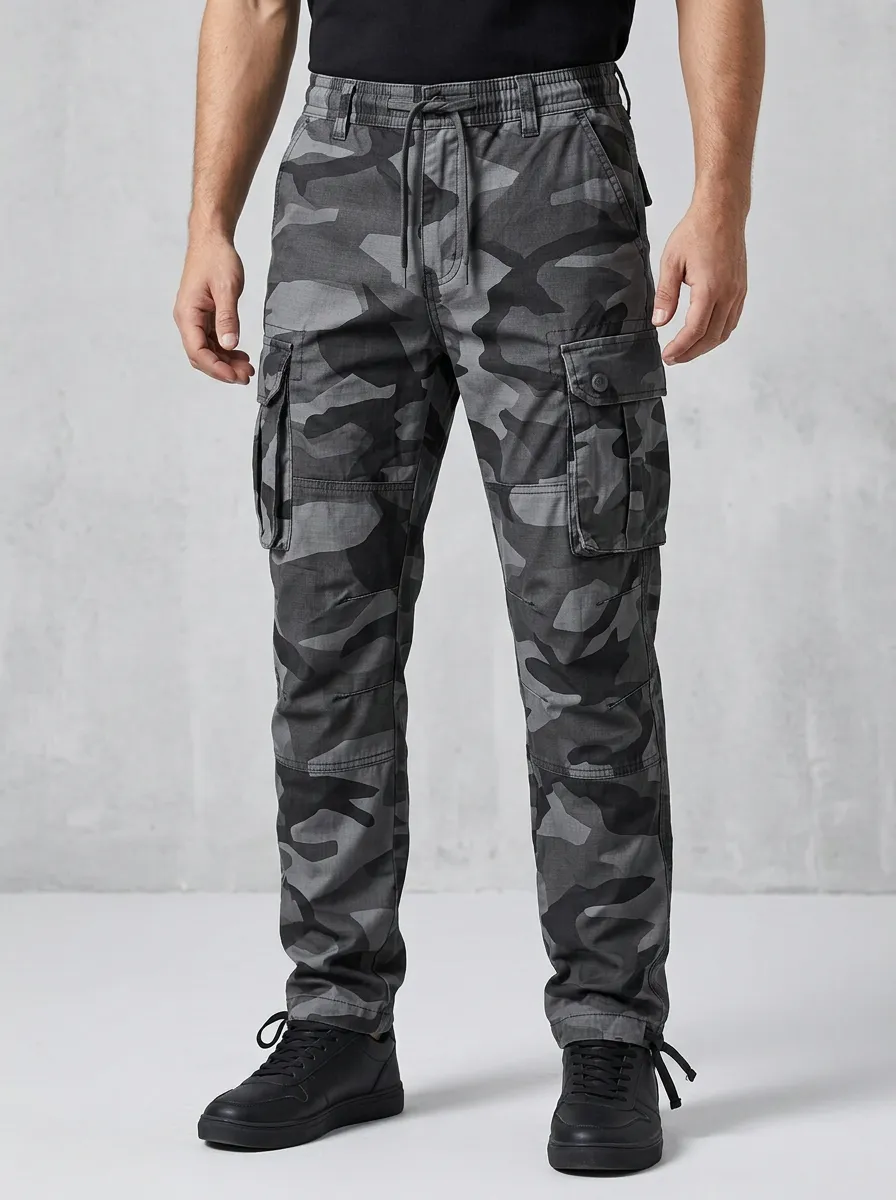 Men's Tactical Outdoor Grey Camouflage Printed Cargo Pants
