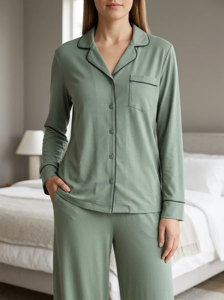 Button Front Collared Casual Pajama Set
