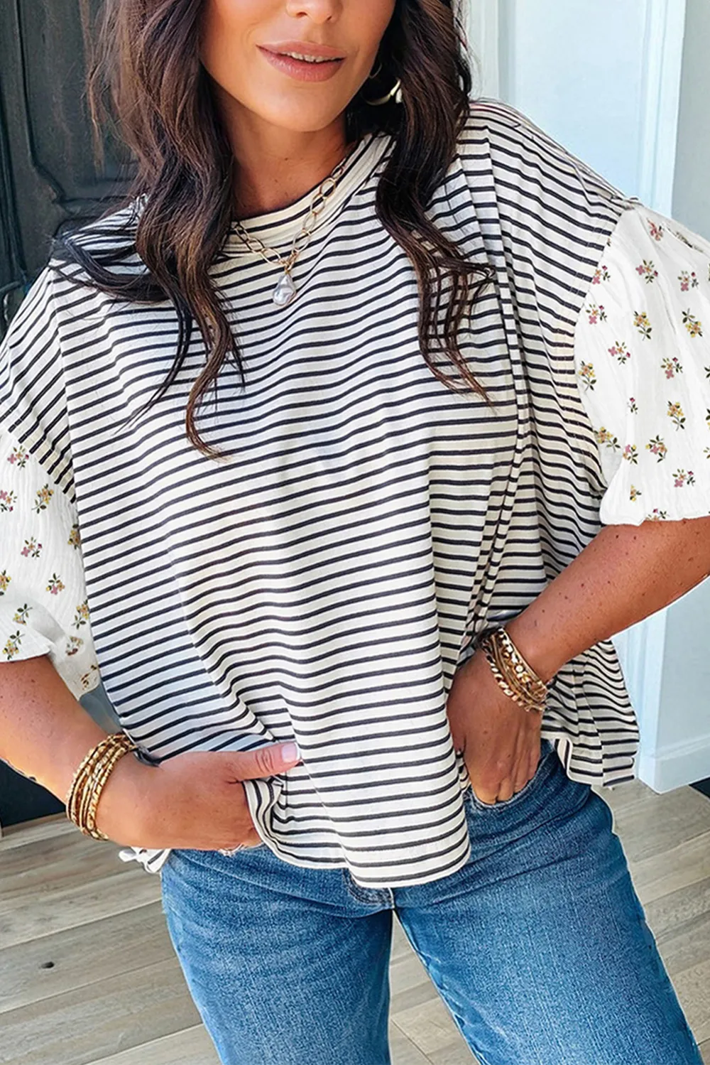 Black Stripe Floral Puff Sleeve Top