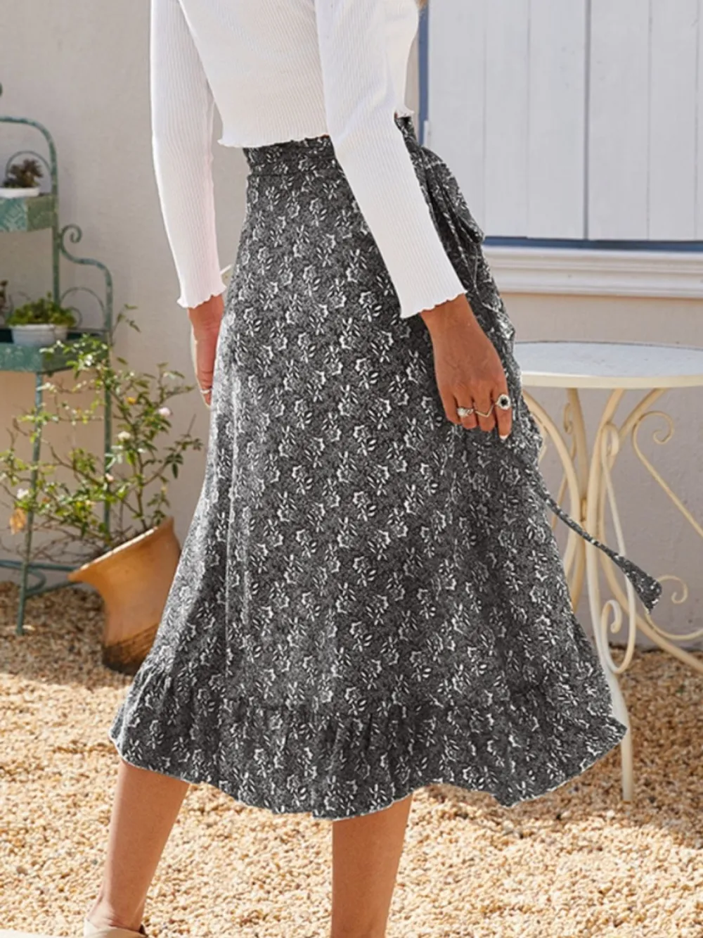 Ruffle Printed Midi Skirt
