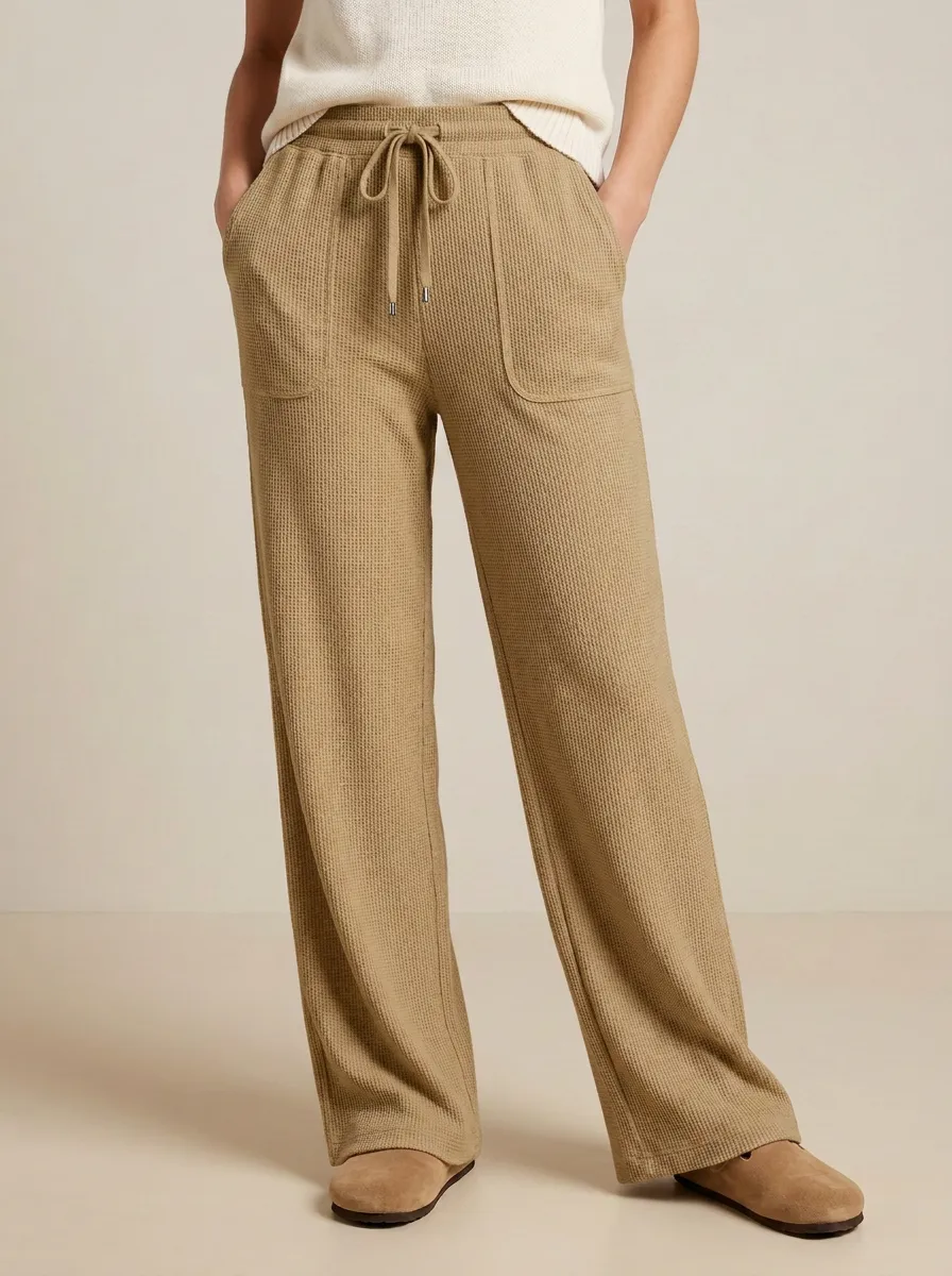 Women's Casual Lounge Waffle Knit Drawstring Wide Leg Pants