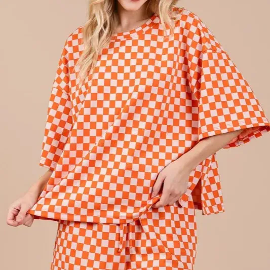 Checkered Round Neck Top and Shorts Set