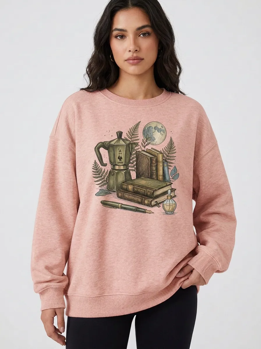 Women's Book Coffee Fern Moon Graphic Sweatshirt