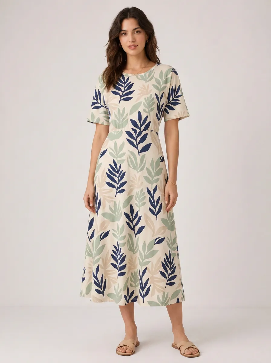 Women's Botanical Nature-Inspired Leaf Midi Dress