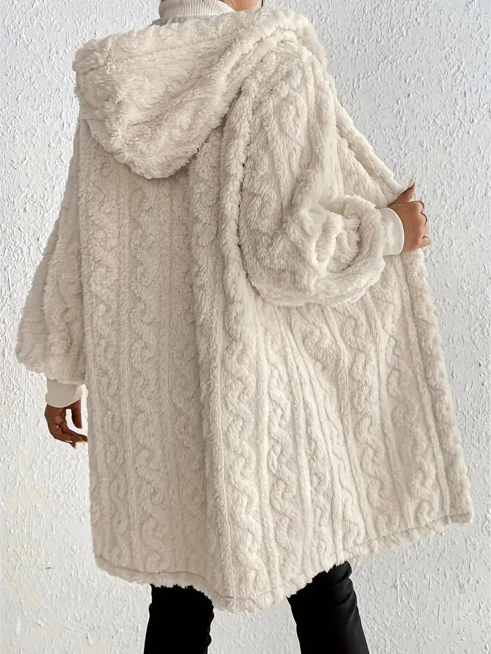 Plush Hooded Open Front Casual Jacket