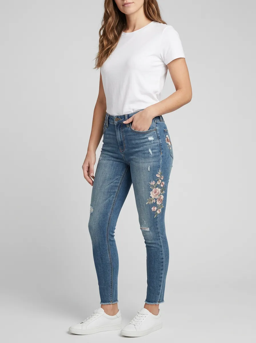 Women's Floral Embroidered Distressed Printed Slim Jeans