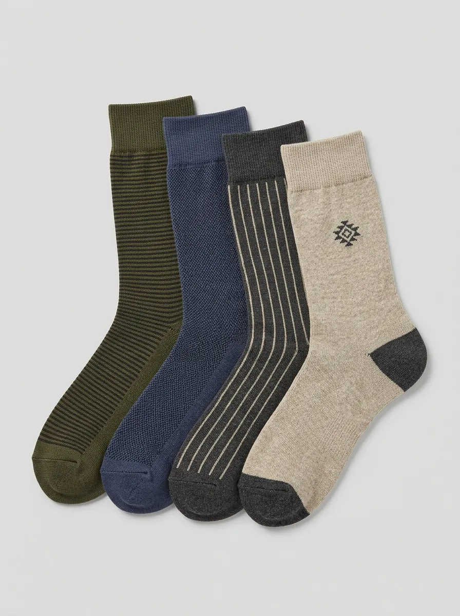 Cross Motif Striped Geometric Textured Men's Crew Socks Four-Pair Pack