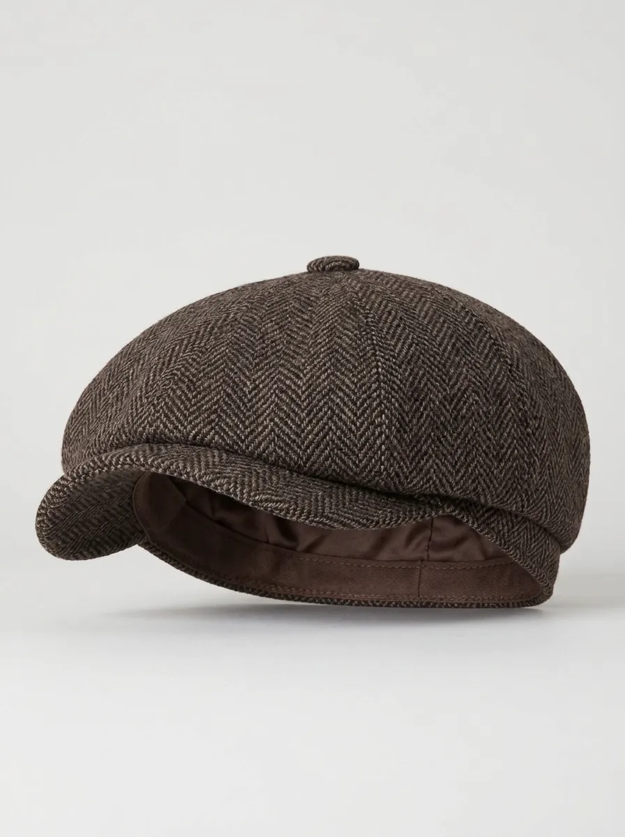 Unisex Vintage Style Brown Herringbone Tweed Newsboy Beret Cap