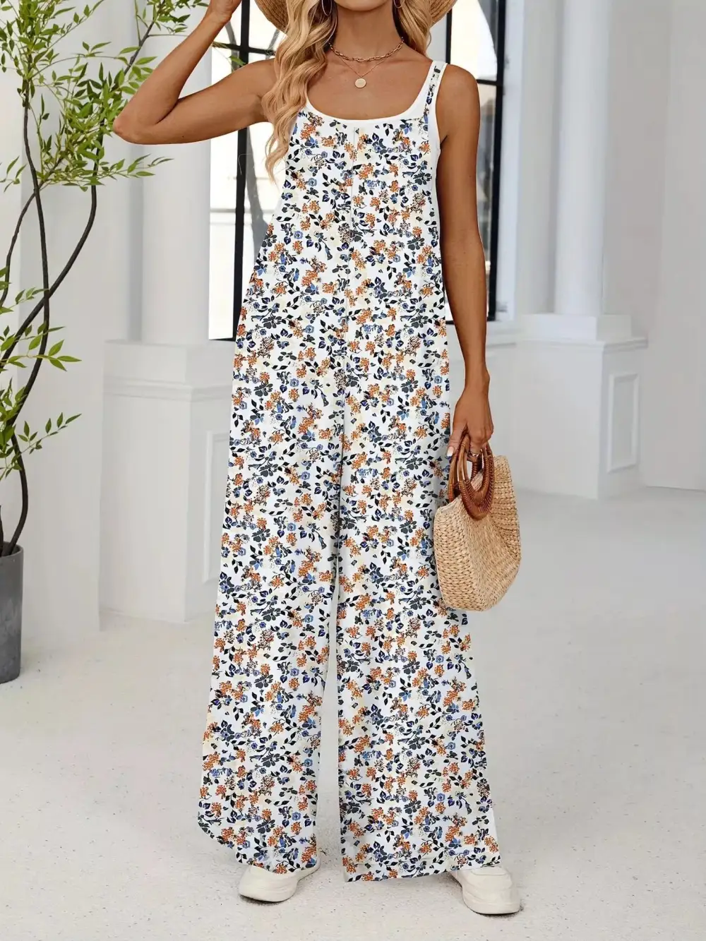 Plus Size Floral Print Wide Leg Jumpsuit