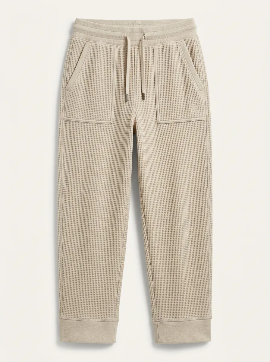 Unisex Casual Beige Waffle Knit Drawstring Jogger Pants for Daily Wear