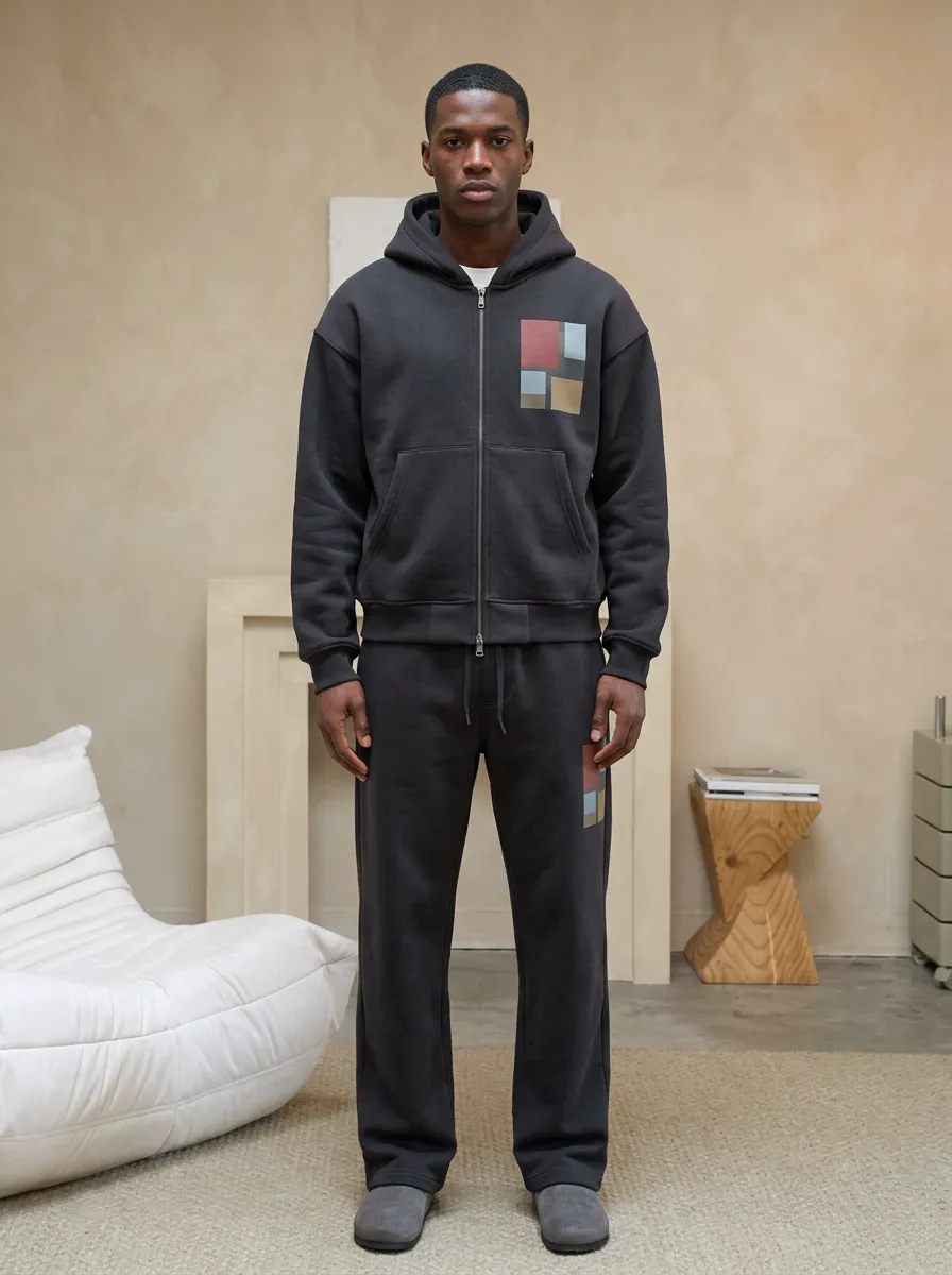 Men's Minimalist Geometric Block Printed Zip-up Hoodie Sweatsuit