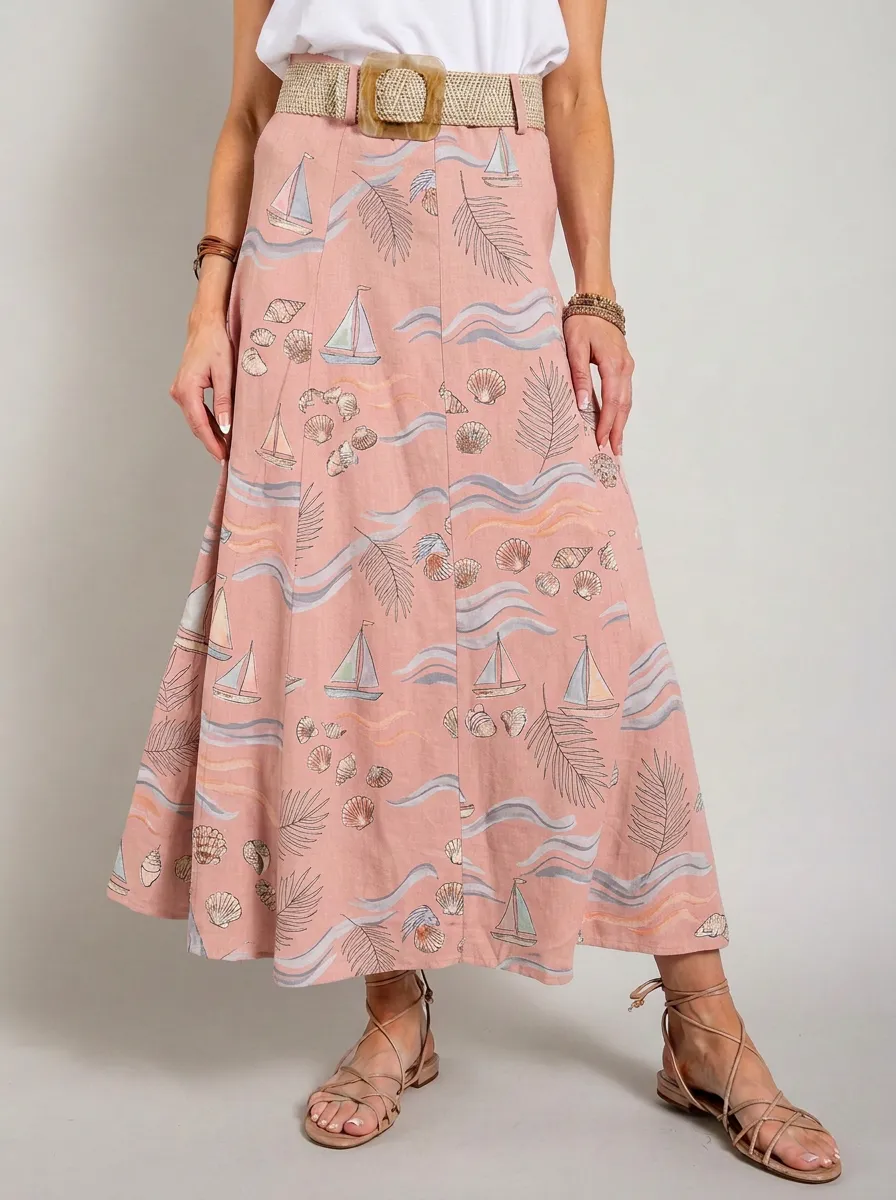 Women's Beach Lover Sailboat Seashell Printed Maxi Skirt