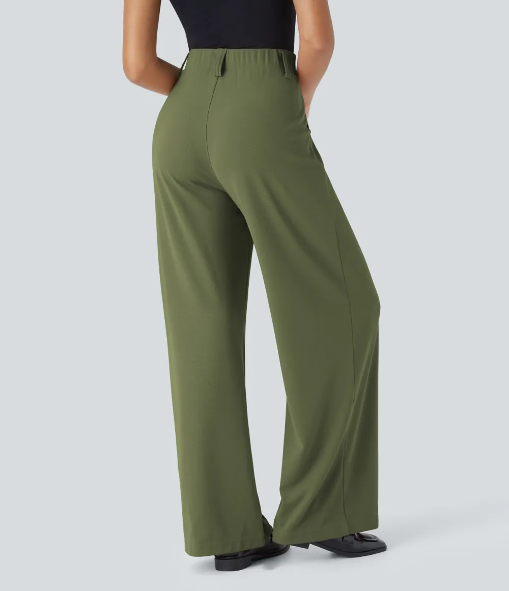  High Waisted Plicated Side Pocket Wide Leg Waffle Work Pants