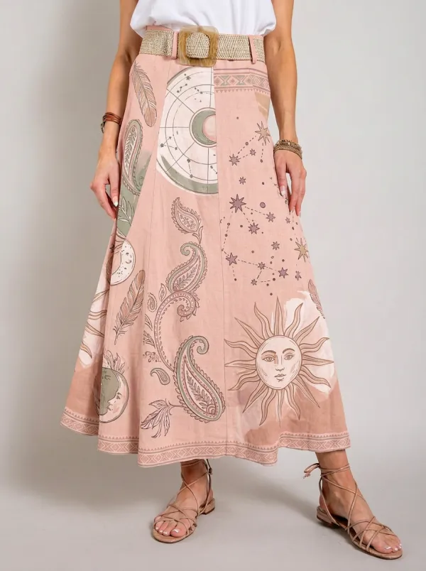 Women's Celestial Boho Sun Moon Paisley Graphic Maxi Skirt
