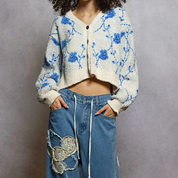 Floral Detail Ribbed Cardigan