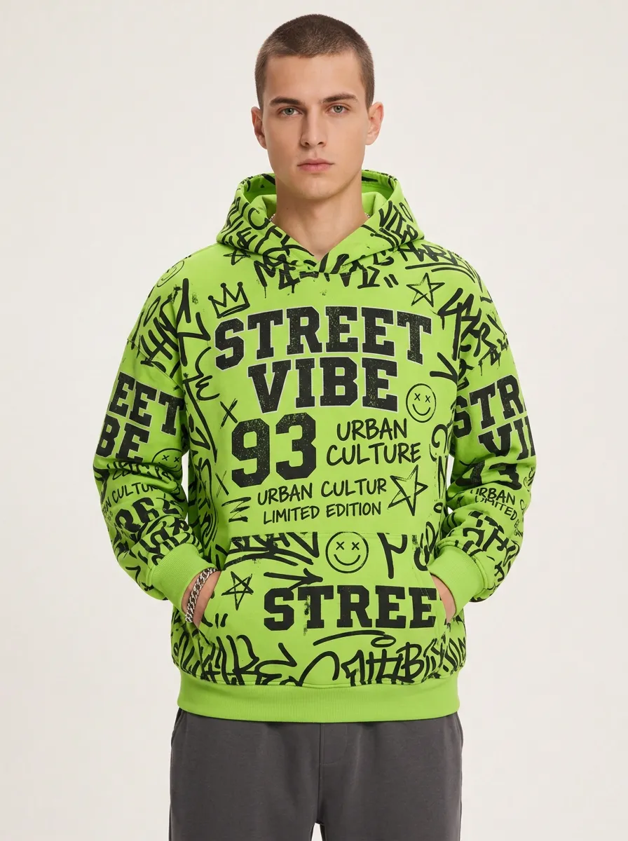 Men's Urban Street Vibe Graffiti 93 Printed Hoodie